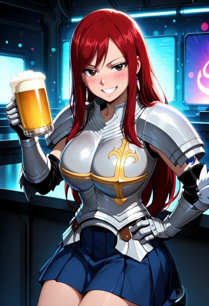 masterpiece, best quality, amazing quality, dynamic view,  solo, dynamic view,  solo, 1girl, masterpiece, best quality, bokeh, luminescent background, 
(erzascarlet,,
 red hair, long hair, earring,  brown eyes, shoulder tattoo, fairy tail tattoo, large breasts,,
 armor, breastplate, gauntlets, pauldrons, shoulder armor, pleated skirt, blue skirt, khee boots, black boots, 
, ), 
looking_at_viewer, 1girl, masterpiece, best quality, bokeh, luminescent background, hand up, thumbs up, grin, looking at viewer, happy, (neon), plastic, (Scifi Style room), (cyberpunk), upper body, bar, half-closed eyes, sitting, stool, counter, holding beer stein, open mouth, blush, happy, open mouth
