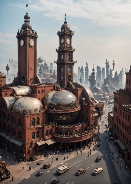 depicting a sprawling, fantastical cityscape with a steampunk aesthetic. The layout is a wide panoramic view showcasing a dense array of intricately designed buildings with pointed spires, domes, and elaborate architectural details. The structures are predominantly dark with hints of blue and bronze, creating a moody atmosphere. In the sky, several airships float among the clouds, adding to the steampunk theme. The city is bathed in a soft, diffused light, suggesting either dawn or dusk, with a warm glow emanating from windows and streetlights. Smoke rises from chimneys, contributing to the industrial feel. The foreground features a large, ornate dome with intricate patterns, while the background reveals a vast city stretching into the distance, with towering buildings silhouetted against the sky. The overall scene is rich in detail, evoking a sense of wonder and adventure.<lora:lora\zavy-cntrst-sdxl.safetensors:1.0:1.0><lora:lora\xl_more_art-full_v1.safetensors:1.0:1.0><lora:lora\Add_more_details_V2_XLpony.safetensors:1.0:1.0><lora:lora\sdxl_enhance.safetensors:1.0:1.0>
