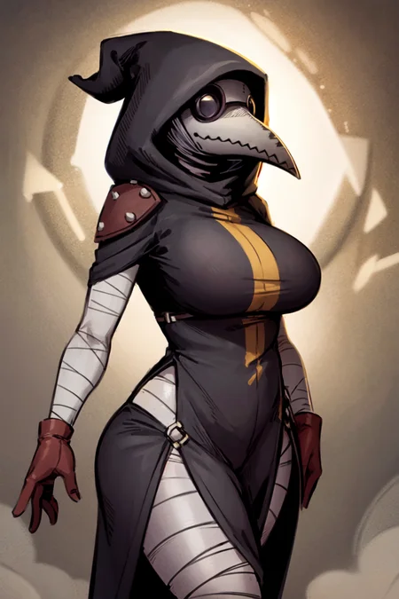 plague doctor, 1girl, solo, hood, mask, gloves, faceless, plague doctor mask, tall, (looking at viewer, solid eyes), bandage, large breasts, {{sarashi}}