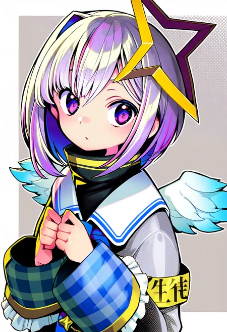 1girl, amane kanata, star halo, solo, virtual youtuber, wings, halo, multicolored hair, bob cut, colored inner hair, angel, feathered wings, short hair, single hair intake, angel wings, purple eyes, armband, grey hair, asymmetrical hair, looking at viewer, upper body, sailor collar, blue hair, pink hair, turtleneck, long sleeves, streaked hair, jacket, mini wings, bangs <lora:gyokaiXL_NBVP1_lokr_V6311PZ:0.95>