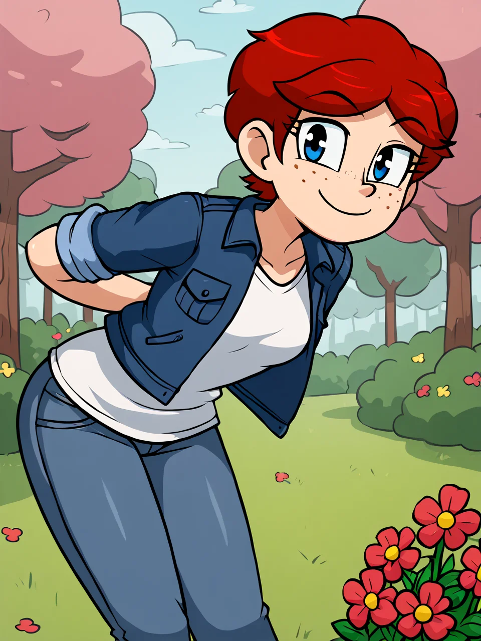 score_9, score_8_up, score_7_up, score_6_up, BREAK, N1ch0le, 1girl, solo, short hair, blue eyes, red hair, freckles, white shirt, blue jacket, jeans, sleeves rolled up, in the park, hands behind back, leaning forward, smile, looking at viewer, flower, tree <lora:Nichole-000010:1>