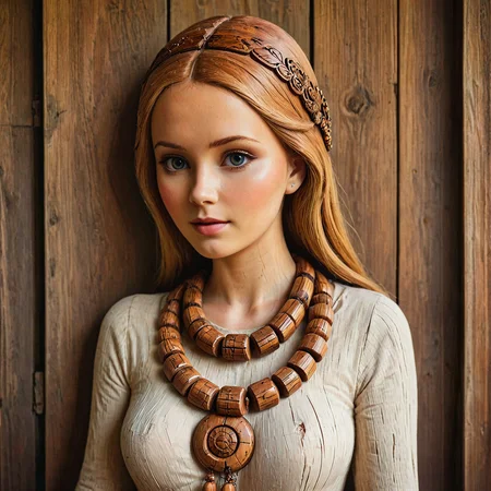 An elaborate wooden necklace around the neck of a wooden girl.
<lora:OldWood01_CE_XL_300-OT:0.6> oldwdCE_style