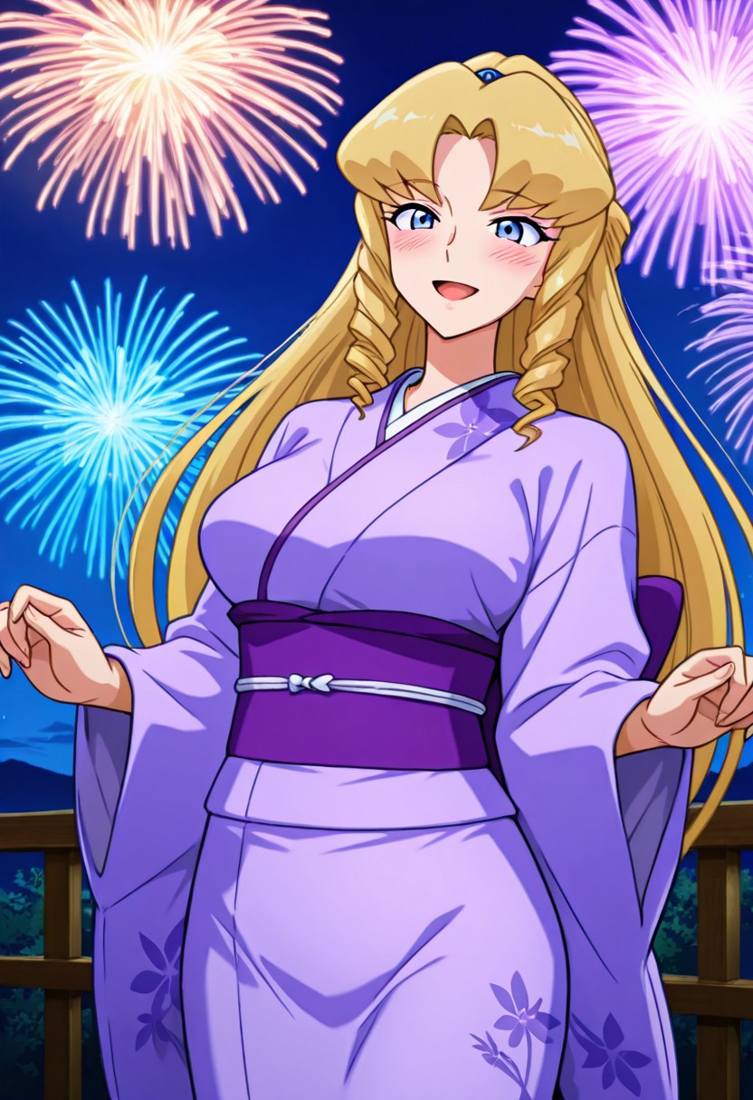 score_9,score_8_up,score_7_up,source_anime,5_figner,2d_animation,game cg,BREKE,1girl,solo,
Hamagurihime,blue eyes,blonde hair,drill hair,long hair,bangs,jewelry
lightpurple kimono,purple obi,sash,japanese clothes,large breast,
smile,cowboyshot,openmouth,lovey-dovey,blush,happy,
Kyoto,Night,firework,
masterpiece,best qualit,ultra-detailed,illustration,an extremely delicate and beautiful,beautiful detailed eyes,unity 8k wallpaper,high resolution,anime CG,official_art,