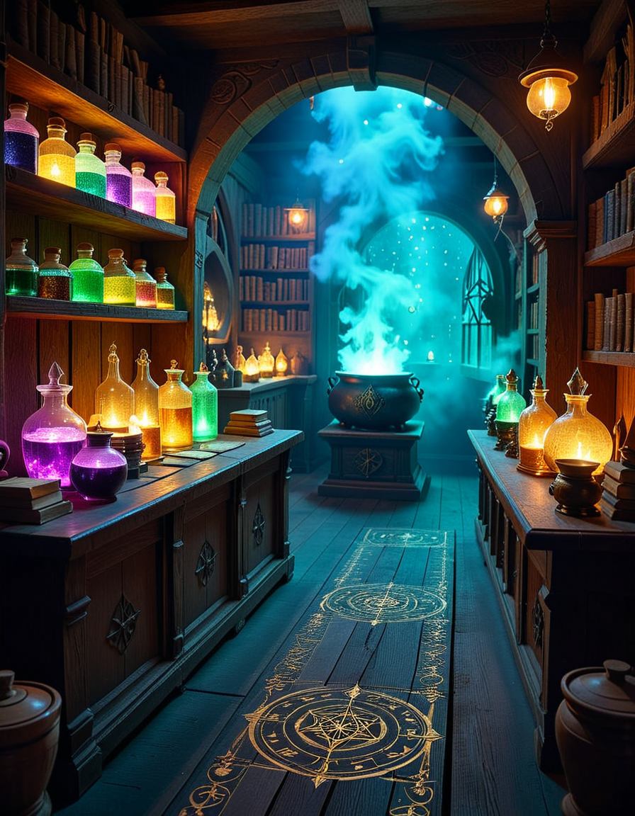 A dimly lit, mysterious alchemy shop filled with ancient books, glowing potions, and strange magical artifacts. Wooden shelves, covered in dust and cobwebs, are packed with glass bottles containing bubbling liquids in deep purples, shimmering golds, and eerie greens. The air is thick with swirling mist, and candlelight flickers, casting long shadows across the stone walls. In the foreground, an old wooden counter holds an open grimoire, alongside mortar and pestles, dried herbs, and mysterious symbols carved into the surface. Strange objects like a levitating crystal orb, a preserved dragonâs eye in a jar, and an enchanted dagger with glowing runes are displayed throughout the space. A bubbling cauldron in the corner emits a soft, eerie glow, illuminating the intricate arcane symbols on the floor. The atmosphere is dark, mystical, and full of ancient secrets, evoking a sense of forgotten magic and hidden knowledge.
<lora:SDXLFaeTastic2400:0.4> <lora:extremely_detailed:0.4> extremely detailed,<lora:mysterious_4lch3my_sh0p:1>,mysterious 4lch3my sh0p, Masterpiece,best quality,hi res,8k,hi res,8k,award winning,(sharp focus, intricate, highly detailed),