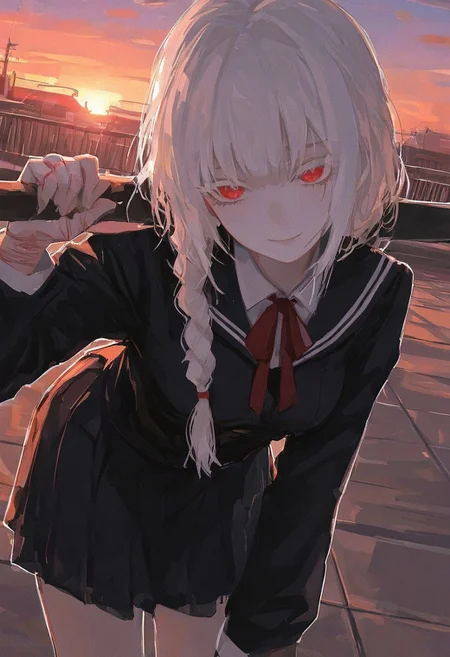 (masterpiece, best quality, absurdres, highres), amazing quality, very aesthetic, volumetric lighting, digital art style, drawn aesthetic, concept painting, ultrahigh definition, 1girl, white hair, really long thick braid, red eyes, white eyelashes, pale skin, white outline, small breasts, simplified painterly, school uniform, (1braid) over shoulder, leaning forward, clean style, dramatic angle, school rooftop, sunset, self harm scars, sad smile