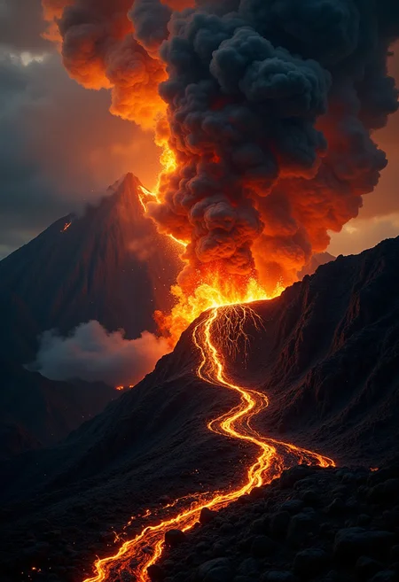 masterpiece, highest definition, HD32K, wallpaper, crisp lines, double exposure background, hyperdetailed, concept art, BREAK
vivid, violent landscape of lava and ruin, volcanic eruptions, smoke, black clouds, dramatic lighting