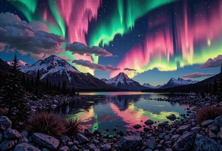 in the style of cksc, The Aurora Borealis, also known as the Northern Lights, is a mesmerizing natural wonder that illuminates the night sky in a symphony of colors. A dynamic dance of green, blue, and pink hues, it creates an ethereal atmosphere that takes one's breath away. Swirling and shimmering like an otherworldly veil, this celestial spectacle seems to pulse and undulate, as if guided by some mystical force. It is a sight so captivating that one could stand in awe for hours on end, lost in its transcendent beauty. The Aurora Borealis is truly a masterpiece of nature, an enchanting spectacle that leaves all who witness it in wonder and amazement. <lora:ck-shadow-circuit-000021:1>