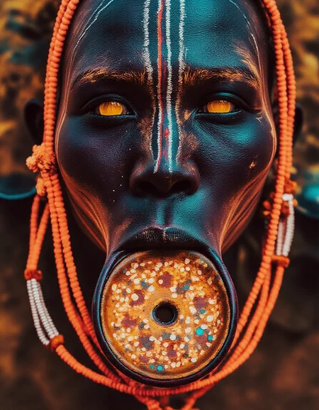 Uv Style portraits by Patrick Siboni of a Murs1 woman, showcasing her distinct facial features and traditional adornments. Her skin is a rich, deep blue , with high, prominent cheekbones and a broad, flat nose, emphasizing her striking natural beauty. Her piercing gaze exudes strength and wisdom, a reflection of her cultural resilience. Her ears are adorned with intricately designed wooden or clay plugs, extending her earlobes in traditional style. Around her neck are multiple layers of carefully hand-strung, colorful beaded necklaces, each bead telling a story of heritage and identity. Her hair is styled in short, tight braids coated with organic mud and natural pigments in earthy ochre tones. The iconic large ceramic lip plate (dhebi a tugoin) accentuates her appearance, decorated with fine hand-painted patterns symbolizing Murs1 artistry. Every detail, from her facial features to her traditional jewelry, is rendered in highly realistic textures and vibrant detail, capturing the essence of her identity within the cultural context.
<lora:mursi:1>
dirty paint, glitters, neons colros, vibrant, webb, drops, fluids, makeup
<lora:uvportraitstyle:1>, RAW candid cinema, 16mm, color graded portra 400 film, remarkable color, ultra realistic, textured skin, remarkable detailed pupils, realistic dull skin noise, visible skin detail, skin fuzz, dry skin, shot with cinematic camera