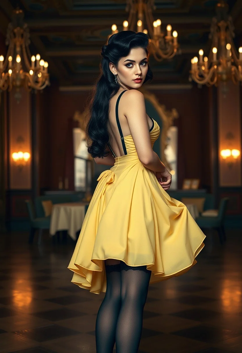 score_9, score_8_up, score_7_up,
RAW, masterpiece, ((full body)), photorealistic, pinup, noir_style,
1girl, beautiful young woman, 30 years old, black hair, long hair, 1940s era flip up-do hairstyle,standing in a 1940s era ballroom,
1940's noir, elegant,
Wearing vintage yellow ball gown, low cut, blackffstockings, garters, suspenders, fully fashioned stockings, high heels.
looking at viewer,
high details, highly detailed, sharp focus, beautifully detailed woman, detailed eyes and face,
detailed background, 1940s ballroom, chandelier