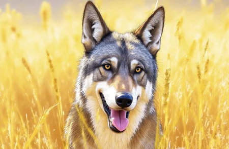 Sharp image of a rough sketch, rendered in vibrant multi colour ballpoint pen, capturing the adorable features of a close-up of a wolf's face in a field of tall grass. The wolf is facing the camera and its mouth is slightly open, as if it is panting or panting. Its fur is a mix of grey and white, with hints of brown and black. The grass is a golden yellow color, and the background is blurred, making the wolf the focal point of the image. The lighting is soft and warm, creating a peaceful and serene atmosphere.  p3nsk, <lora:p3nsk:1>