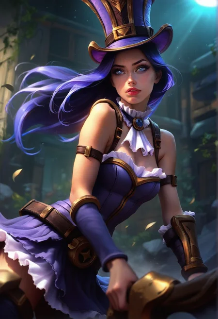 photorealistic, real aesthetic, masterpiece, high quality, Caitlyn, (League of Legends), action shot, outerspace background, shallow depth of field, detailed background, dynamic angle, volumetric lighting, high resolution