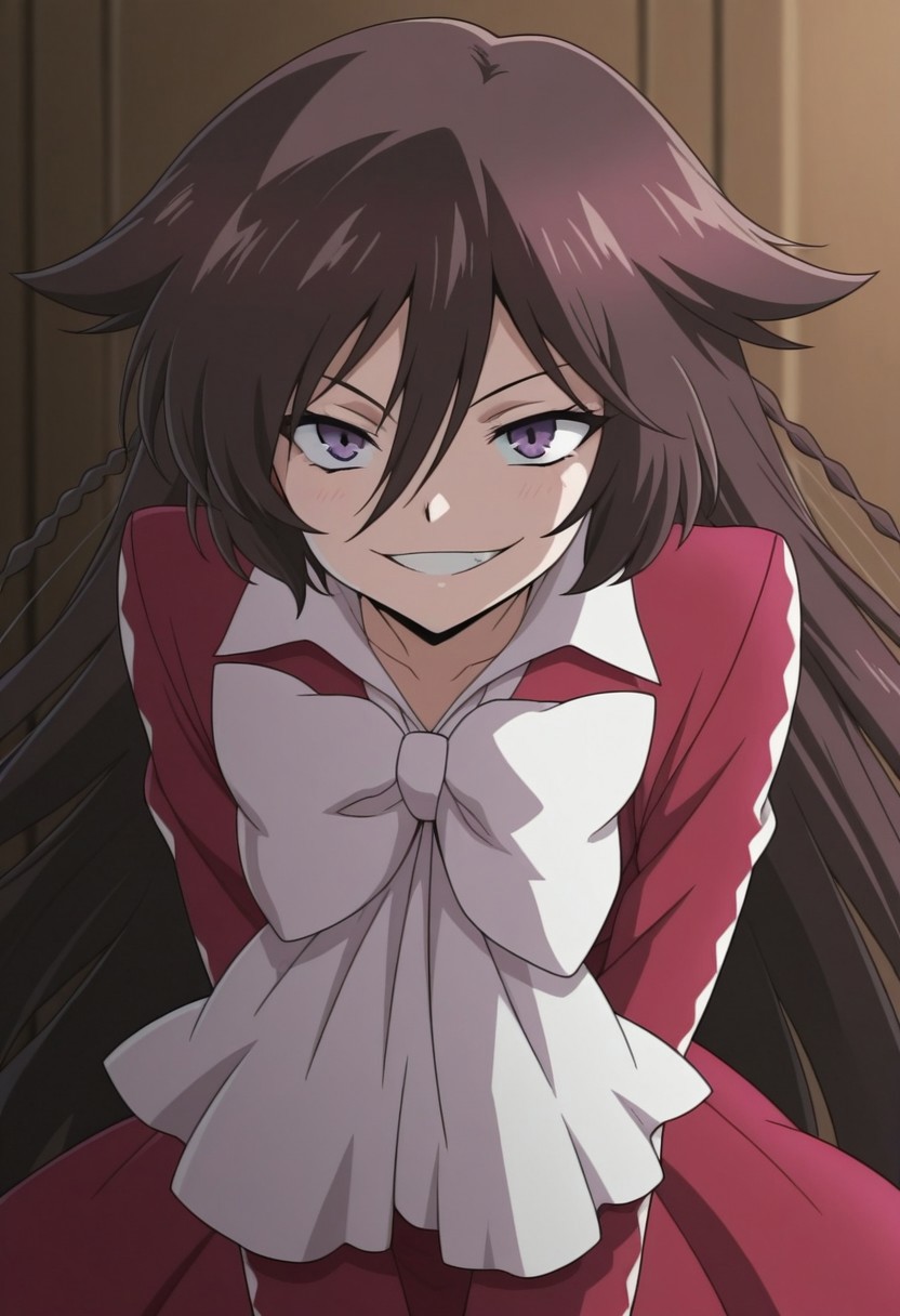 masterpiece,best quality,amazing quality, source_anime, 
PHalic, 1girl, solo, purple eyes, brown hair, very long hair, braid, dress, red dress, bow, white bow, grin,