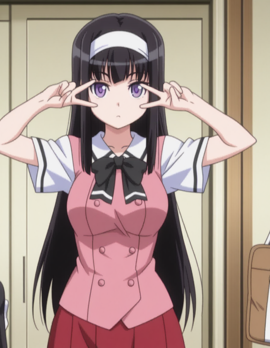masterpiece, best quality, amazing quality,, <lora:midori-byakudan-ova-illustriousxl-lora-nochekaiser:1>, midori byakudan, long hair, black hair, purple eyes, mature female, medium breasts, anime screencap, skirt, bow, school uniform, hairband, bag, red skirt,, v, v over eyes,, minaret, tall, mosque, call_to_prayer, holy, cowboy shot, solo, looking at viewer
