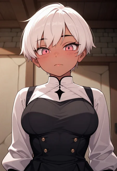 masterpiece,best quality,amazing quality,
1girl, solo, pink eyes, white hair, short hair, upper body, long sleeves, closed mouth, looking at viewer, dress, tomboy, tanned, white sleeves, black dress, medium breasts