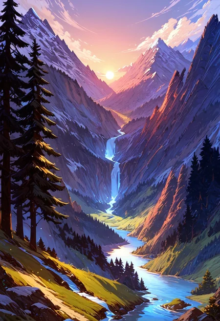 score_9, score_8_up, score_7_up, masterpiece, landscape, trees, sun, forest, mountains, river, epiCPhoto