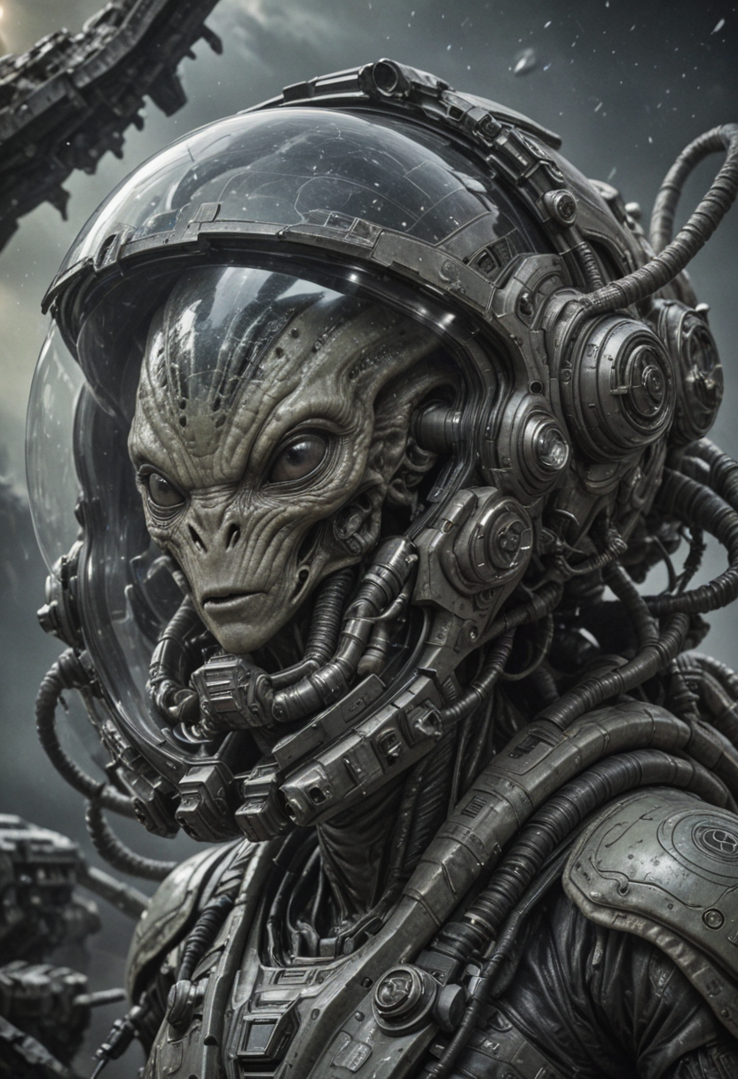 scifi alien space pilot,(movie poster),(cinematic lighting),(breathtaking),(detailed textures),(high resolution),(render), gritty, ((photo realistic)), scifi background, render,
