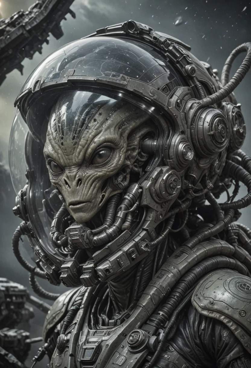 scifi alien space pilot,(movie poster),(cinematic lighting),(breathtaking),(detailed textures),(high resolution),(render), gritty, ((photo realistic)), scifi background, render,
