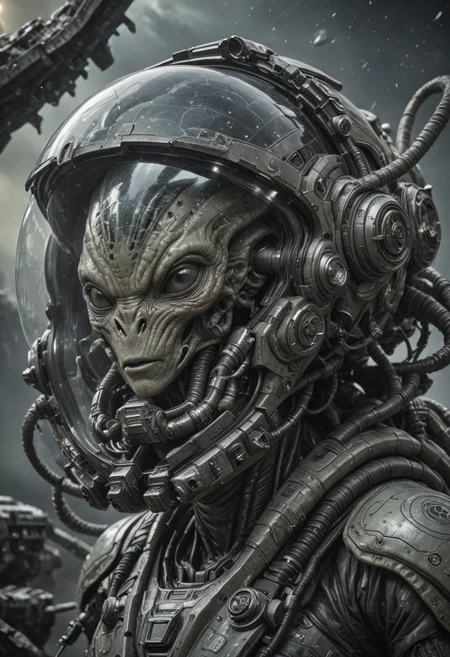 scifi alien space pilot,(movie poster),(cinematic lighting),(breathtaking),(detailed textures),(high resolution),(render), gritty, ((photo realistic)), scifi background, render,