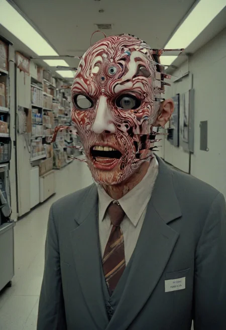 the man is a slicer: the slicer slices face's slices into further slices: the other man is the puller. The puller pulls the slices apart into planar sections dividing the entire image, and the face becomes a mask of incomprehension slit into an array of emigmatic glowing visions, both paranoiac and wildly schizoid