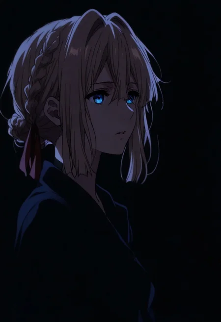 1girl,Violet Evergarden (Violet Evergarden), solo, dark, light, masterpiece, best quality, very aesthetic, close up,  parted lips