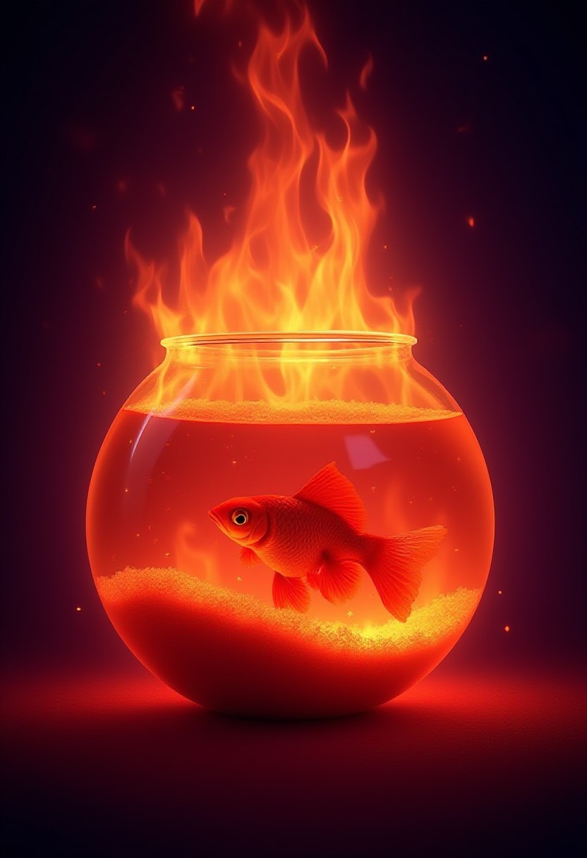 A fishbowl with a goldfish inside, completely engulfed in flames, inferno, blazing, concept art, masterpiece, perfect lighting, purple flames, 4k, absurdres,