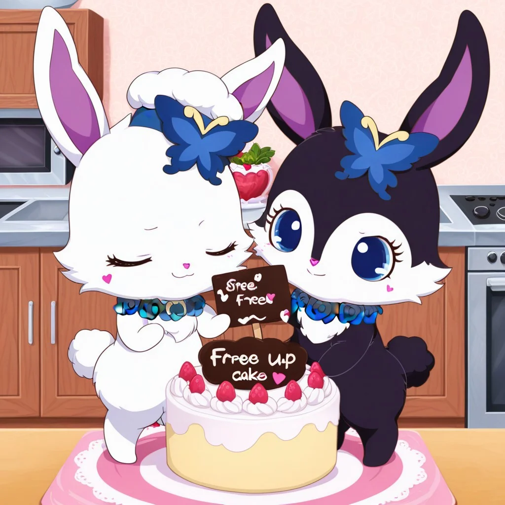 score_9, score_8_up, score_7_up, score_6_up, score_5_up,
best quality, masterpiece, smirks, Full Body, Romantic, Small Body, Furry, looking_pleasured, duo, female/female, 2girls, kitchen, chefs hat, chefs shirt, chefs skirt, rubyjp, no humans, rabbit, chibi, furry, hair ornament, necklace, jewelry, chest fur, white fur, chef outfit, holding a sign that say " free cake", largest cake, luea, feral, blue eyes, rabbit, furry, rabbit ears, black fur, purple inner ear, white chest fur, white face, chibi, body fur, (blue butterfly hair ornament), (blue rose necklace), chef outfit, large cake, writing on cake say "buzz for cake",