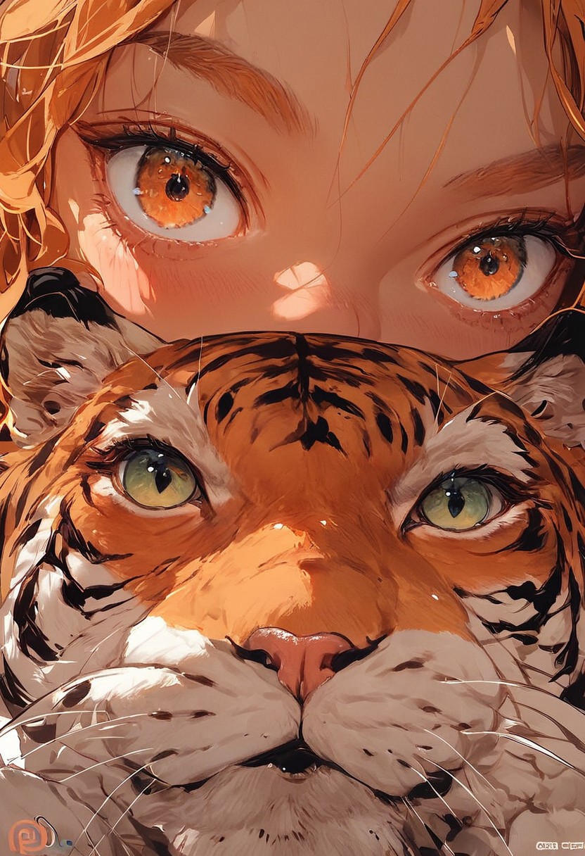 score_9, score_8_up, score_7_up, score_6_up, score_5_up, score_4_up, animalclose-up, 1girl, solo, girl has orange hair and dark skin, tiger, mouth covered,