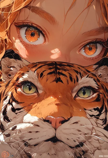 score_9, score_8_up, score_7_up, score_6_up, score_5_up, score_4_up, animalclose-up, 1girl, solo, girl has orange hair and dark skin, tiger, mouth covered,