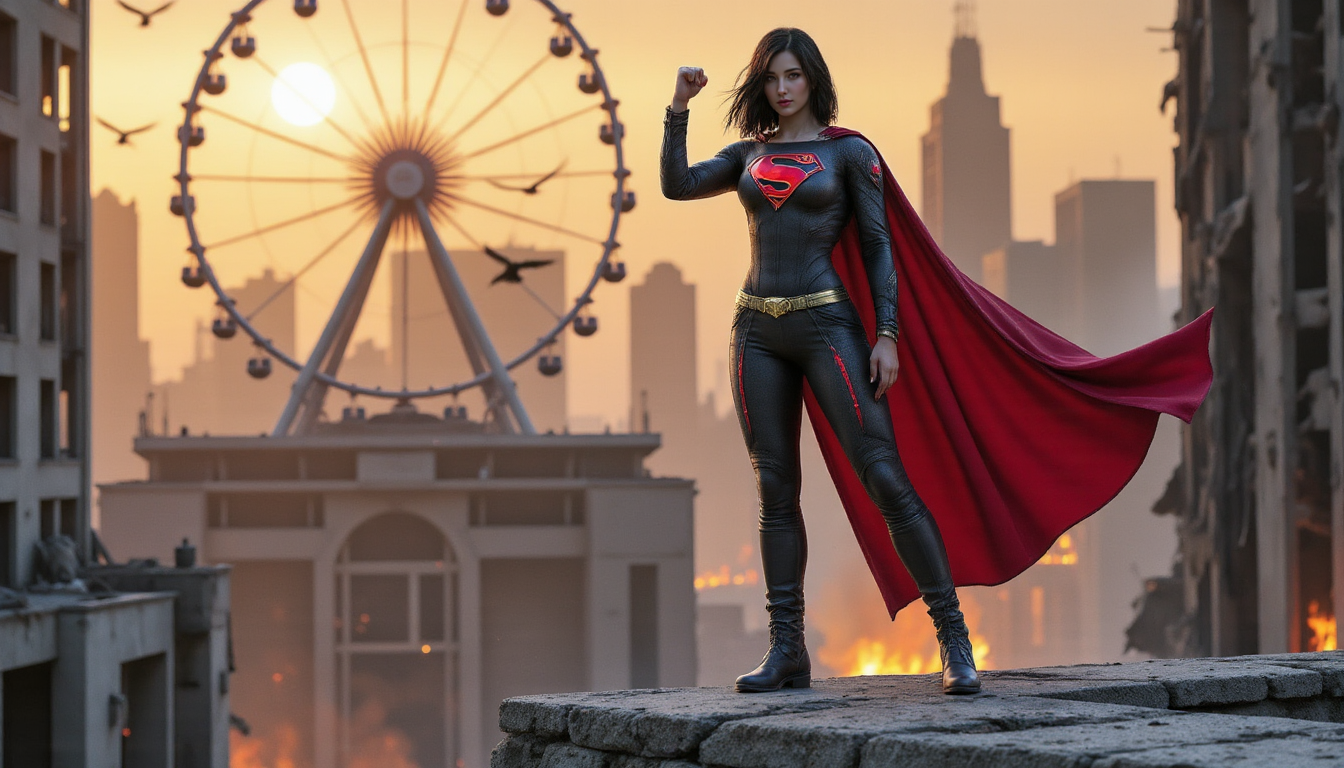 hyper-realisitic, hyper-detailed, detailed clothing, detailed foreground, realistic shadow,  RAW photo,  realistic lighting, woman, aidmaponystyle, midjourney_whisper_innocent_eyes, supergirl, 
On the jagged ledge of a fractured skyscraper rooftop, a lone figure stands bathed in the first golden light of dawn, her profile sharp against the chaos of a broken city skyline. Her sleek black battle suit glistens with crimson accents — armored, functional, and embossed with a bold, stylized red "S" over her chest, pulsing faintly with energy. Her black hair whips across her face in strands, caught in the rising thermal winds, some falling into her eyes but not enough to shield the fire in her stare. With one boot braced forward on a cracked stone slab and her crimson cape unfurling violently behind her like a war banner, she raises a clenched fist at her side — not as a threat, but a promise. Her expression is pure defiance, lips tight with resolve, her jaw tense as if holding back the roar of all she's lost and all she still stands for. The ruined skyline behind her glows in the amber haze of a burning sunrise, casting elongated shadows across the Ferris wheel and fractured towers, some of them still smoldering from whatever storm had passed. Below, birds scatter in a frantic swarm, sensing a shift in the balance of things. The air is thick with tension and drifting ash, each ember a whisper of battles not yet finished. And she — battle-worn yet unbroken — is the eye of that storm. This is the moment before the next stand. Her body language says it all: no retreat, no fear, and no more time for mercy.