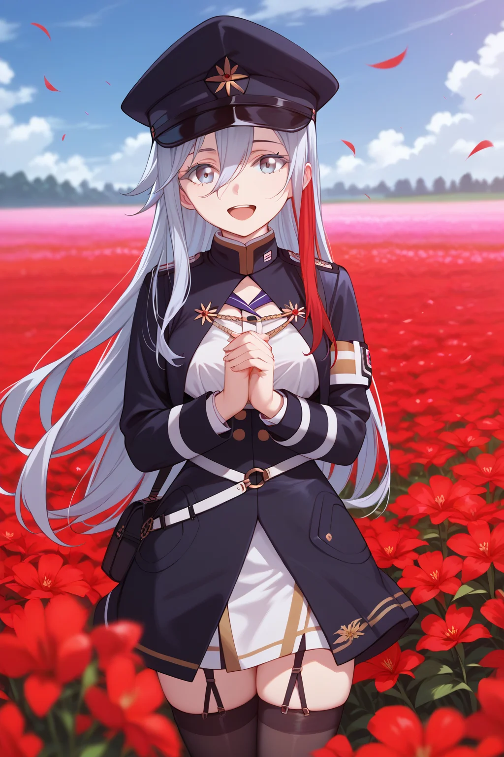 score_9, score_8_up, score_7_up, score_6_up, source_anime,vladilenamilize, 1girl, solo, black military uniform, very long hair, thighhighs,, smile, , garter straps, high-waist skirt, looking at viewer, shirt, streaked hair, hair between eyes, cropped jacket, grey hair, multicolored hair, , long sleeves, bangs, red hair, grey eyes, , medium breasts, zettai ryouiki <lora:vladilena_milize_pony5:1>, , , flower field, , cloudy sky, , petals, spider lily,, blue sky, blurry, open mouth, peaked cap, , 86bg, white eyelashes, (own hands together:0.9),