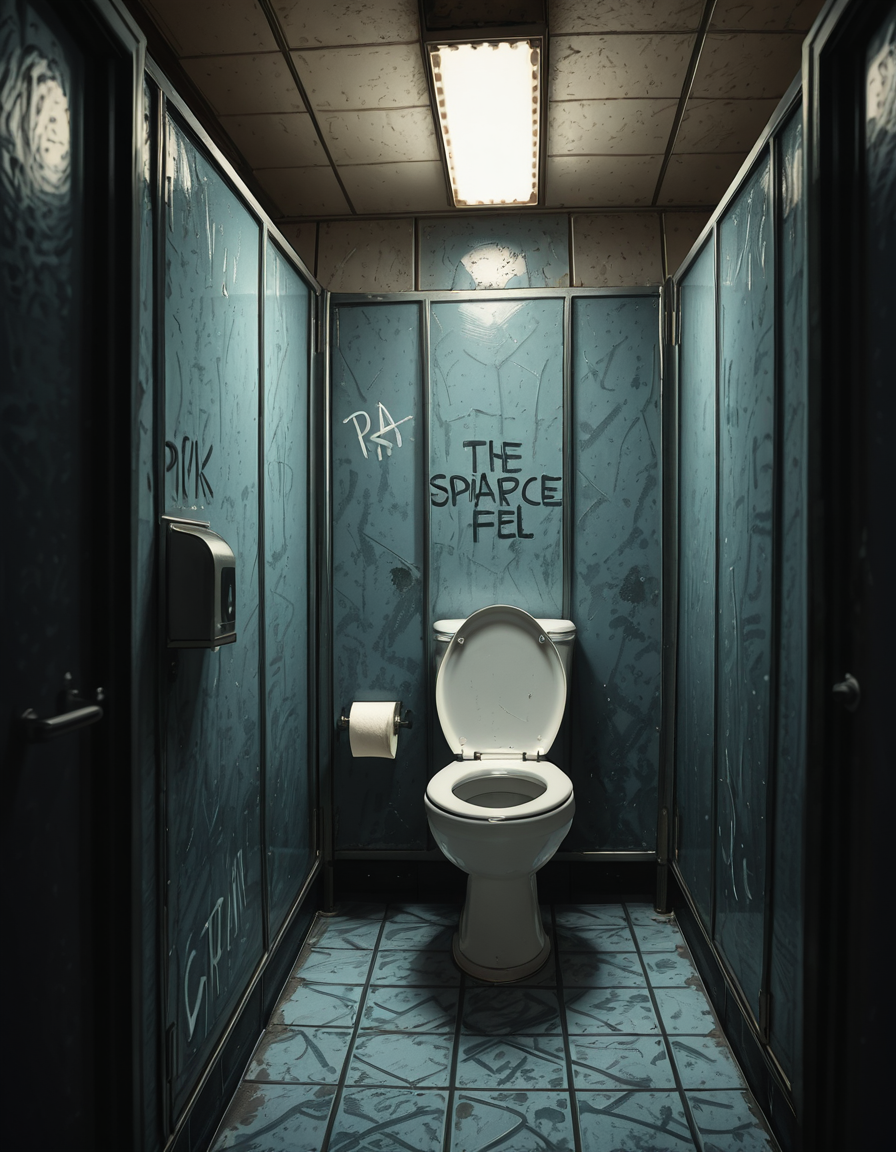 A highly realistic, detailed photograph of a public restroom stall from a human eye-level perspective. The stall is constructed with dull, light gray metal partitions showing subtle scratches and wear from years of use. The door is slightly ajar, with a simple metal latch and a small gap visible at the bottom and top of the door. Inside the stall, there is a standard white ceramic toilet with a chrome flush handle, positioned against a wall of white, slightly aged subway tiles. The floor is covered with small, dark gray hexagonal tiles, with faint reflections from the overhead fluorescent lighting. A single toilet paper dispenser made of stainless steel is mounted to the side wall, partially filled, with a torn sheet hanging loosely. The lighting is cool and sterile, casting soft shadows and emphasizing the slightly utilitarian, worn-out atmosphere of the space. Subtle details like faint graffiti scratched into the partition, a discarded paper towel near the floor, and small water stains near the base of the toilet contribute to the realistic, everyday public restroom feel. The photo is sharp, with a neutral color palette and an urban documentary style.
 <lora:SDXLFaeTastic2400:0.4> <lora:extremely_detailed:0.4> extremely detailed,<lora:public_restroom_st4ll_r2:1>,public restroom st4ll, Masterpiece,best quality,hi res,8k,hi res,8k,award winning,(sharp focus, intricate, highly detailed),