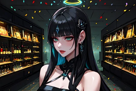 highly insanely detailed, masterpiece, top quality, best quality, highres, 4k, 8k, RAW photo, (very aesthetic, beautiful and aesthetic),  
beth_\(megami_tensei\),bethsmtii,shin megami tensei ii,long hair,black hair,straight hair,sleek black,jewelry,cross,headband,red_lipstick, 
<lora:zs_Beth:0>, 
(1girl:1.3), 1other, 
interior perfume shop modern style,black wooden and green light,brutal,Lava style,LAVA architecture,Chris Bosses,Chris Bosse,Chris Bosse architect,bio botanical,light auburn background,multicolored background,iridescent blue background,(colored confetti background),âââ