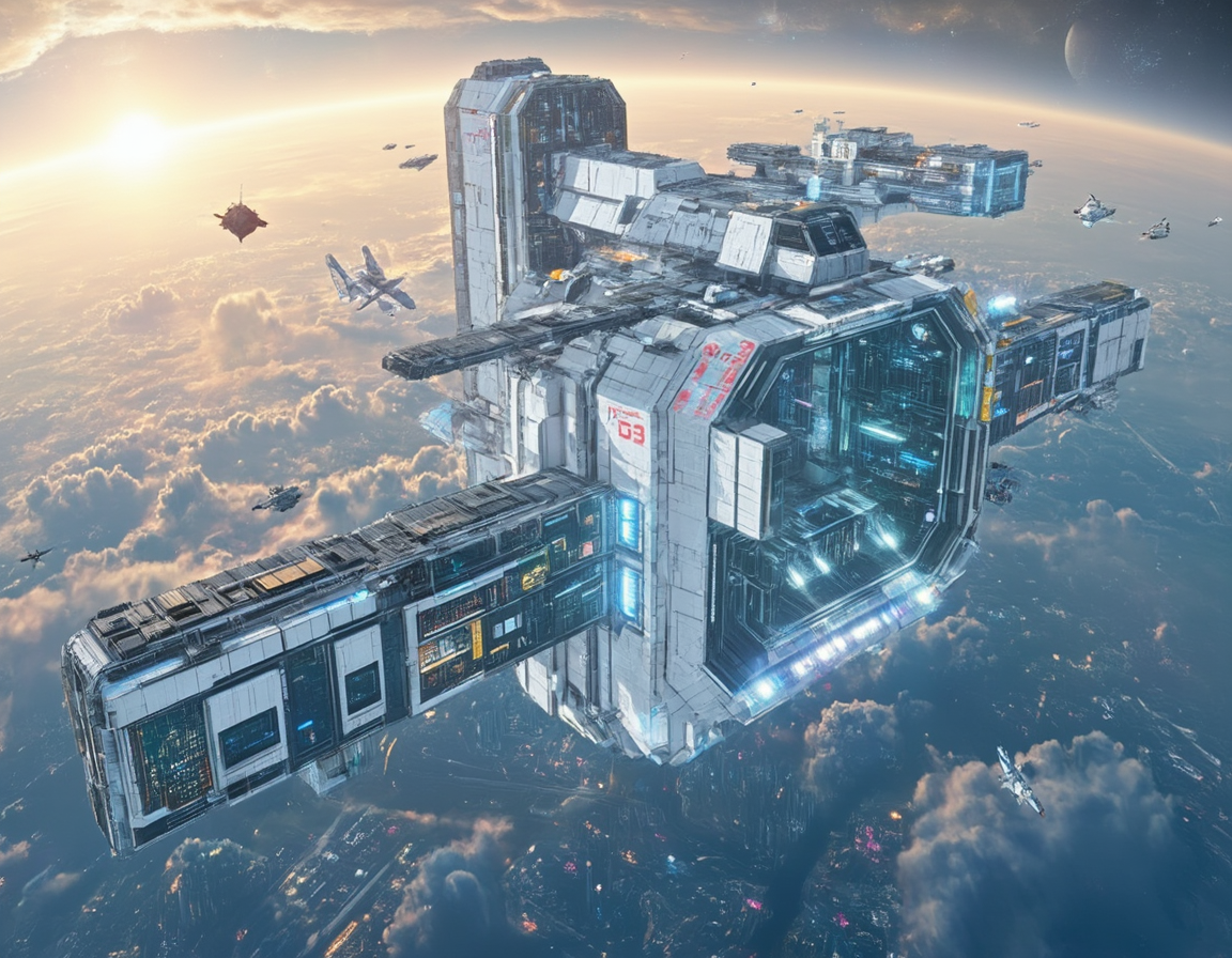 <lora:SW_Minis_3v2flux:1> A massive futuristic white space station floating above a detailed planet, with the sun setting on the horizon. The space station has a highly detailed and futurist design, featuring metallic structures with a cyberpunk city on its surface, glass, concrete, glowing blue lights, and various modules attached to its frame. Smaller spacecraft are seen flying around it, enhancing the scale and depth of the scene. The number "93" is painted in red on its surface.
 swminis3all, anime, test3