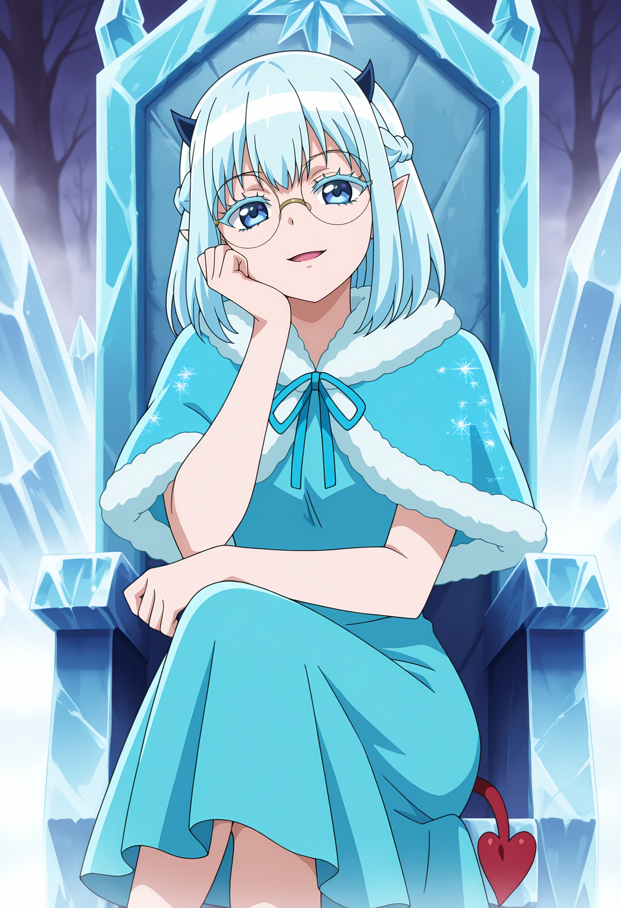 anime screencap, masterpiece, best quality,
<lora:MairimashitaIruma-Kun_CrocellKerori_IlluXL:0.9>,
1girl, solo, open mouth, light smile,
medium hair, french braid, blue hair, blue eyes, pointy ears, demon horns, colored eyelashes, round eyewear, demon tail,
fur-trimmed capelet, blue capelet, blue ribbon, blue dress, 
sitting, crossed legs, head rest, looking at viewer, cowboy shot,
outdoors, ice, throne, fog, snowflake