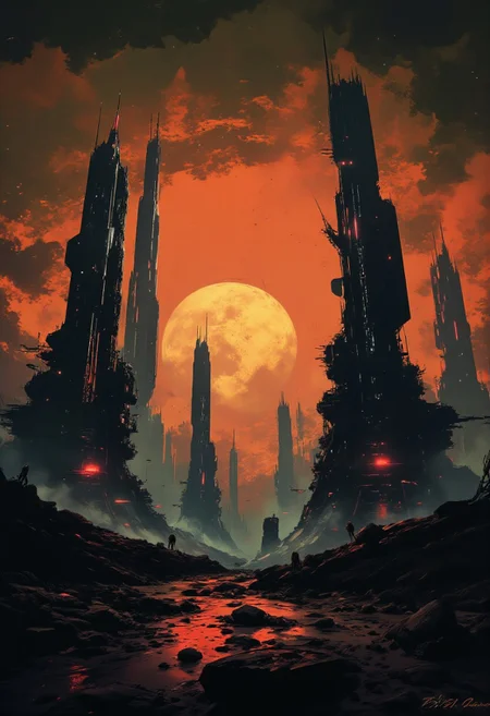 detailed photorealistic image, gradient of vibrant neon colours, sci-fi towers and skyscrapers in a futuristic alien cityscape, sunset, mist
