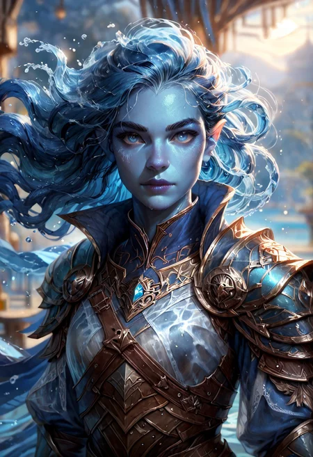 (((detailed, beautiful, high quality))), upper Body, score_9, score_8_up, score_7_up,
watergenasi, pointed ears, floating hair, liquid hair, wet clothes, wet body,
1 girl, blue skin, blue hair, armor,
looking at the viewer, posing, blurred background, blurred fantasy background,