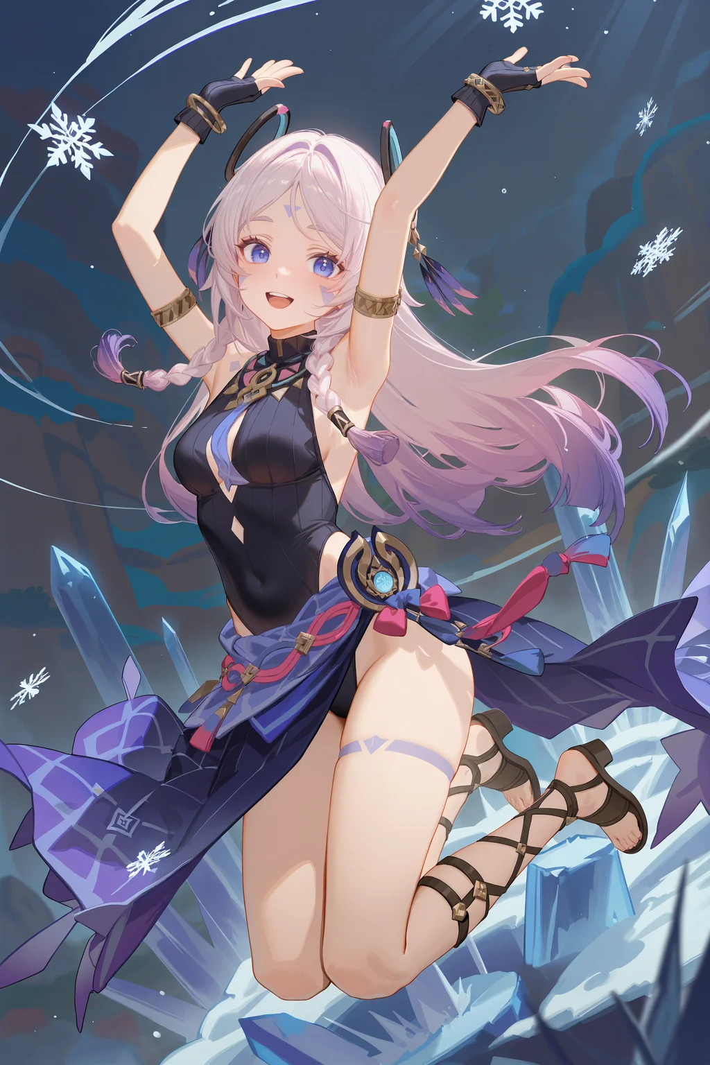 1girl, citlali \(genshin impact\), fingerless gloves, armlet, sarong, facial mark, bracelet, ring hair ornament, turtleneck leotard, leg tatoo, single gauntle, gladiator sandals, looking at viewer, smile, open mouth, full body, arms up, jumping, midair, snowflakes, ice, depth of field , <lora:Char-Genshin-Citlali-V1-IL:0.9:hr=0.4>, ciloranko, alphonse \(white datura\), ask \(askzy\), gomzi, you shimizu
masterpiece, best quality, amazing quality, very aesthetic, absurdres, newest, (scenery, volumetric lighting)