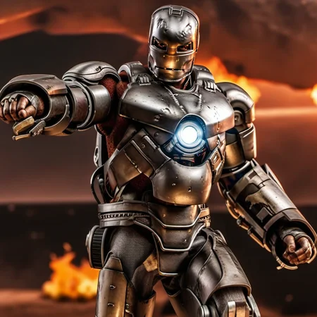 IronManMark1-1024, a robot, flames, desert , detailed eyes, highly detailed , photography, ultra sharp, film, bokeh, professional, 4k <lora:add-detail-xl:1.5> <lora:IronManMark1-1024:0.8>