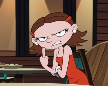 1girl, solo, ruthp, brown hair, black eyes, scowling at audience, red dress, middle finger, outdoors, restaurant simple background, leaning forward, best quality, volumetric lighting, cartoon screencap, <lora:ruthp:1>,