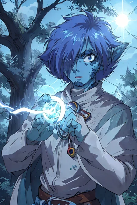(masterpiece), 2D animation, 90s anime style, detailed face, expressive eyes,
1man, looks like Zelgadis, has blue skin,
focused expression, casting spell, detailed hands, swirling magic,
detailed background, vibrant magical forest, cinematic lighting, daytime, sunshine,
(cowboy shot:1.2),
<lora:Zelgadis001:0.8> zelgadis, blue skin
<lora:muscle_slider_v1:-1>, <lora:weight_slider_v2:-1>
<lora:Concept - Cryomancer:0.4>