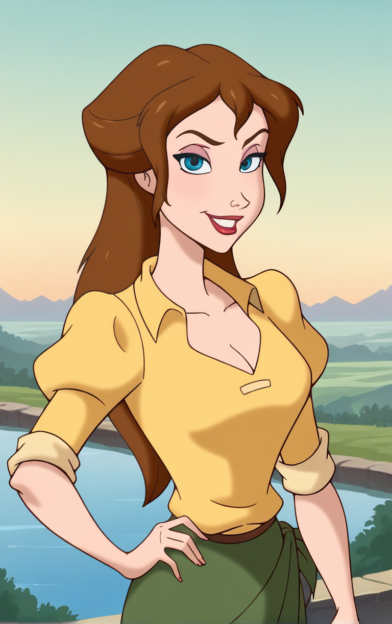 score_9, score_8_up, score_7_up, looking at viewer,  BREAK
MainOutfit_JanePorter_ownwaifu, 
1girl, blue eyes, breasts, brown hair, long hair, makeup, lipstick, ponytail, eyeshadow, medium breasts, lips, red lips, 
yellow shirt, collared shirt, green sarong, green skirt, long skirt, puffy sleeves, sleeves rolled up, short sleeves, puffy short sleeves, sleeves pushed up, juliet sleeves, belt, cleavage, collarbone,
(contrapposto, hand on hip), sunset, sidelighting, cityscape, vanishing point, outdoors, <lora:PONYXL_Tarzan_JanePorter_ownwaifu:0.9> , depth of field, solo,
