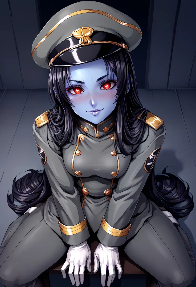score_9, score_8_up, score_7_up, score_6_up, score_5_up, score_4_up, detailed, intricate details, source_anime, , (best quality) , (highly detailed) ,((masterpiece)), ((best quality)), (ultra-detailed), ((extremely detailed)), (high resolution), 4K, (8K), best quality, (beautiful), (dynamic lighting), (super detailed skin), sharp focus, (1_girl, solo focus), score_9,score_8_up,score_7_up,anime coloring BREAK source_anime,anime, sev'rance tann, alien, chiss, blue skin, 1girl, solo, red eyes, colored skin, black hair, Grey uniform, glowing eyes, grey pants, military uniform, long hair, uniform, long gray military coat, , cavalry hat, holding revolver, white gloves,, glowing , 0.2 ::seductive smile ,0.7 :: ,0.15 :: from above ,0.3 :: close-up ,0.2 :: pose ,0.4 :: blush, ,0.3 :: pov ,0.3 :: sitting ,looking at viewer ,<lora:SW_Sevrance_Tann:1> anime eyes, big eyes