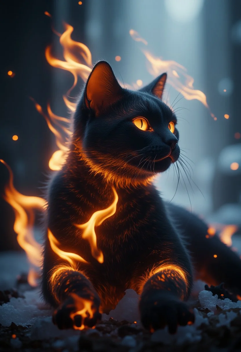 bailing_fire,(Masterpiece, high quality, best quality, official art, beauty and aesthetics:1.2),(fire element:1.1),composed of fire elements,burning,(cat:1.2),fire,molten rock,flame skin,flame print,fiery hair,smoke,cloud,black cat,