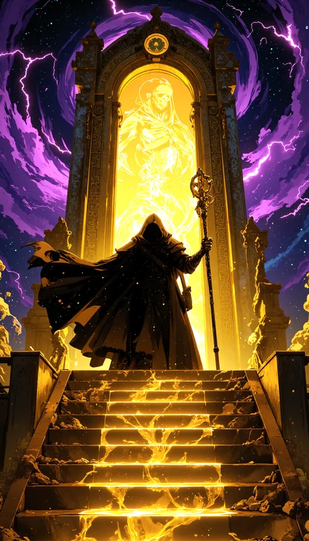A towering, hooded figure clad in flowing black robes ascends an infinite staircase made of glowing golden light, suspended in the vastness of space. His skeletal hands grip an ancient staff, its runes pulsing with forbidden magic, while behind him, colossal celestial gates begin to close, sealing the world behind him forever. The swirling cosmos above fractures with bolts of black lightning, illuminating his path toward godhood. His face remains unseen beneath the shadow of his hood, yet the air vibrates with his overwhelming presence. The colors shift between radiant gold, deep black, and glowing violet, creating an intense contrast between darkness and ascension. Epic fantasy, cinematic ultra-detail, divine lighting, surreal atmosphere, high contrast, dramatic scale, godlike power.