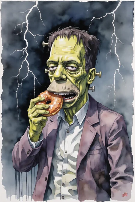yawc1 watercolor.
Homer Simpson dressed as Frankenstein, eating a doughnut during a thunderstorm <lora:yawcolor_nocap_d4a2:1.0> <lora:schnell_v1.0:1.0><lora:798375820075831739:0>