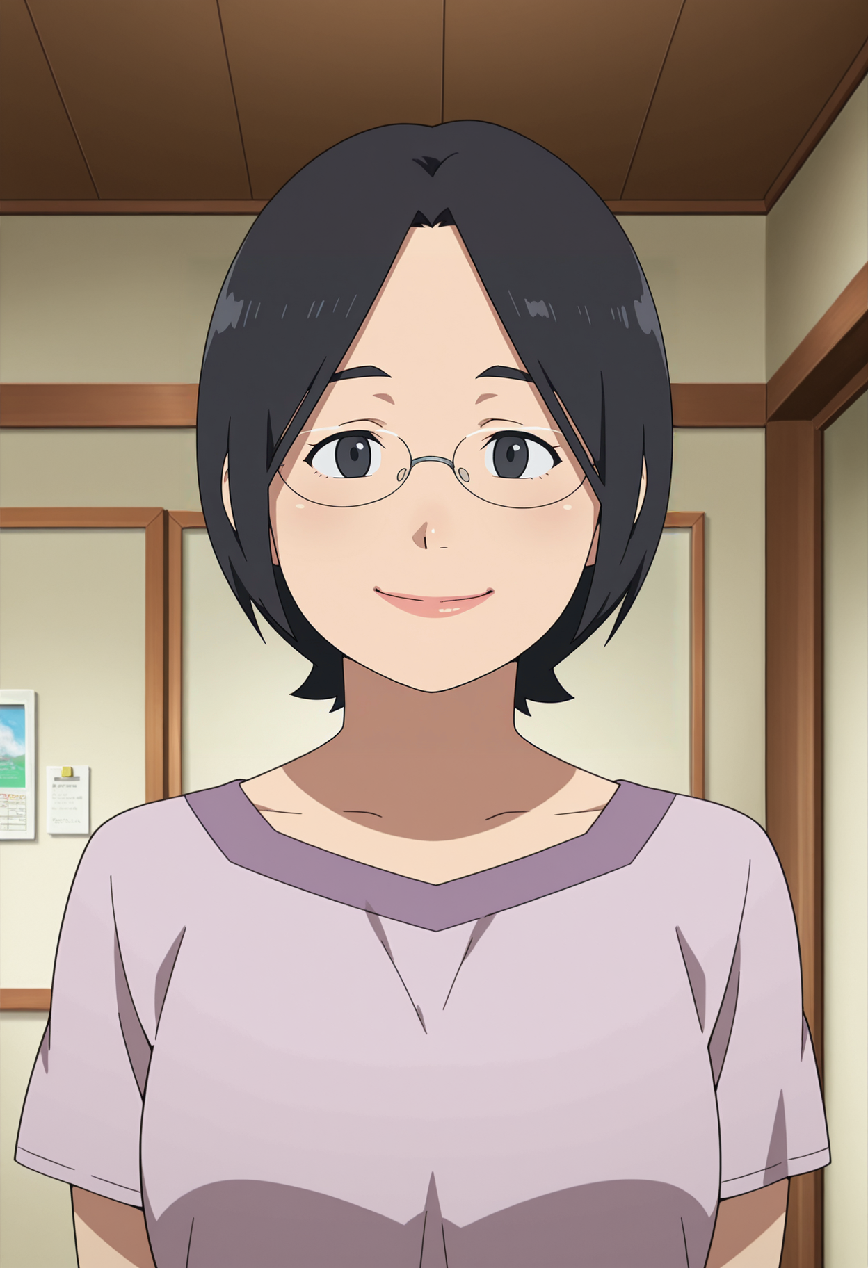 1girl,solo,mm,mature female,short hair,black hair,black eyes,glasses,anime coloring,
shirt,upper body, looking at viewer, smile,indoors
,masterpiece,best quality,amazing quality,<lora:Masami_Onozawa-Tokyo_Magnitude_8.0_IL:0.8>