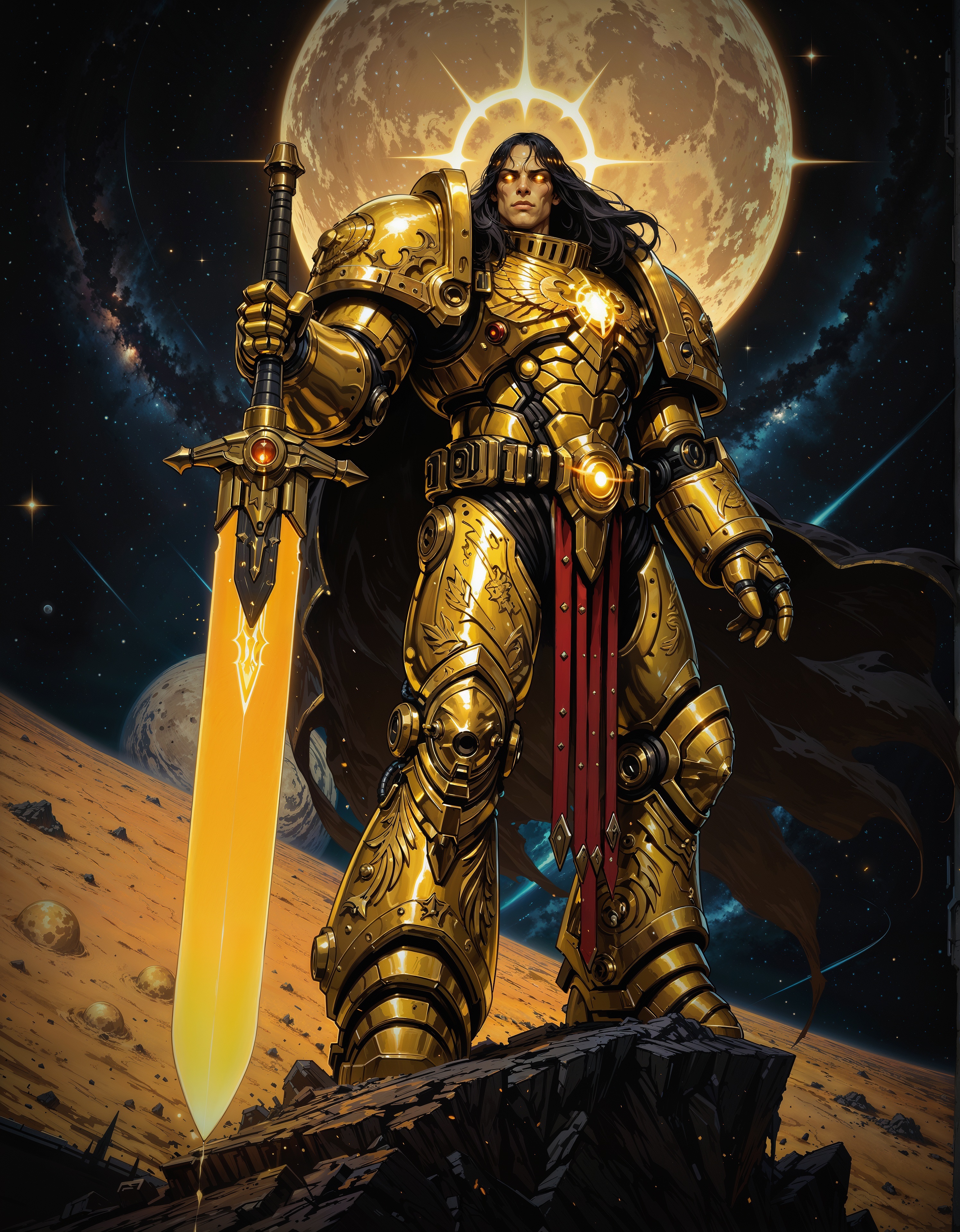 masterpiece, best quality,high quality, newest, highres,8K,HDR,absurdres, iLLEmperor40k, 1boy, dark hair, glowing eyes, power armor, golden armor, holding a sword, on the moon, space, <lora:iLLEmperor40k:1> <lora:iLLMythM4gicalL1nes:0.8> M4gicalL1nes