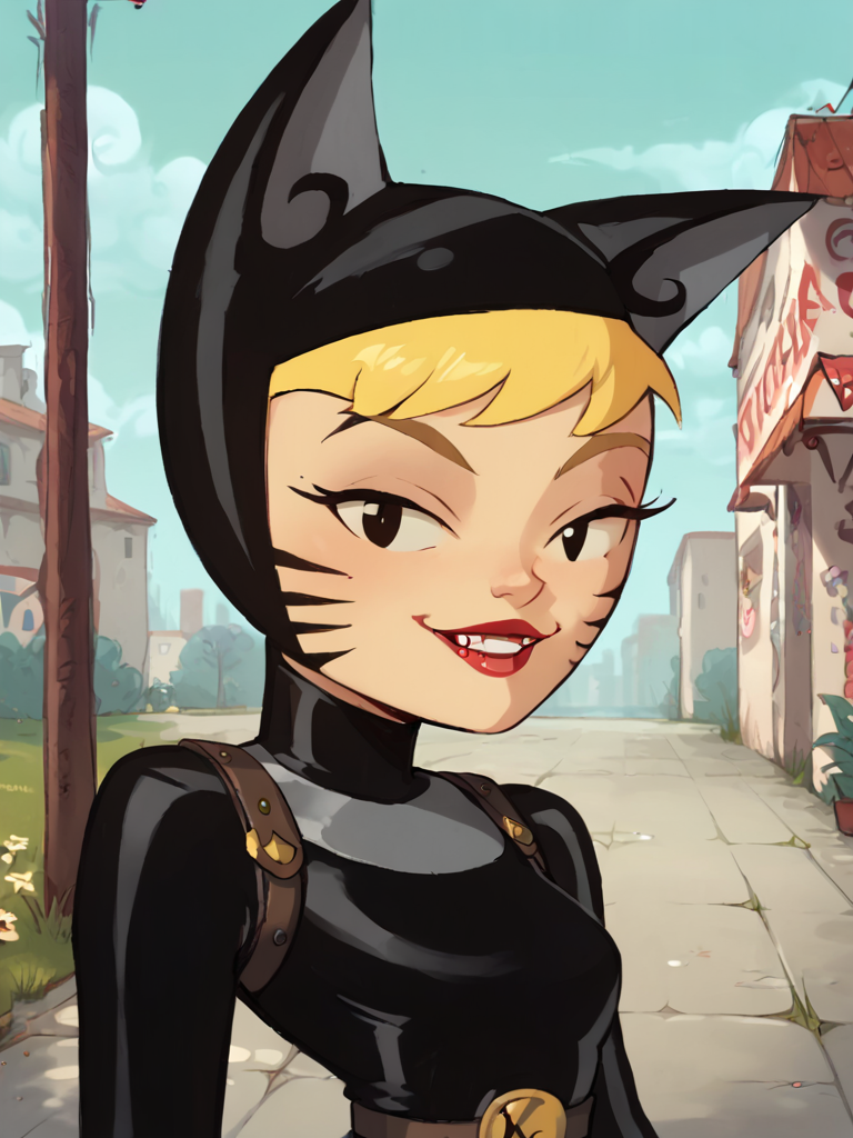 <lora:KatnappePony1.0:0.9> katnappe, 1girl, blonde hair, solo, black bodysuit, lipstick, cat ears, smile, belt, whisker markings, tail, cat tail,looking at viewer, outdoors,  short hair, score_9, score_8_up, score_7_up, score_6_up  <lora:Smooth Anime Style LoRA XL:1>upper body,