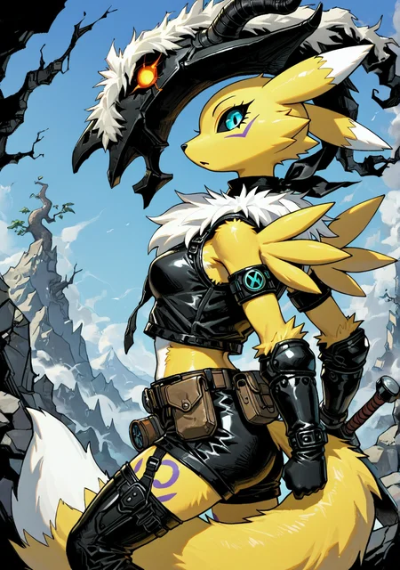 masterpiece,best quality,amazing quality, mm2shd, solid black shading, FMIXF2, trineal, detailed fur, solo, renamon