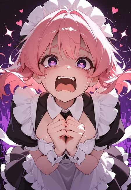 1girl, CivChan, hunched over, three quarter view, pink hair, purple eyes, tearing up, heart-shaped pupils, hands to chest, sparkle, crying, happy, screaming, open mouth, clasped hands, floating hearts, glitch, maid outfit, [yandere], looking at viewer,
(takashia \(akimototakashia\):0.5), (sam yang:0.5), (ciloranko:0.5), (moshimoshibe:0.5),
[masterpiece, best quality, absurdres, very aesthetic, dynamic pose]